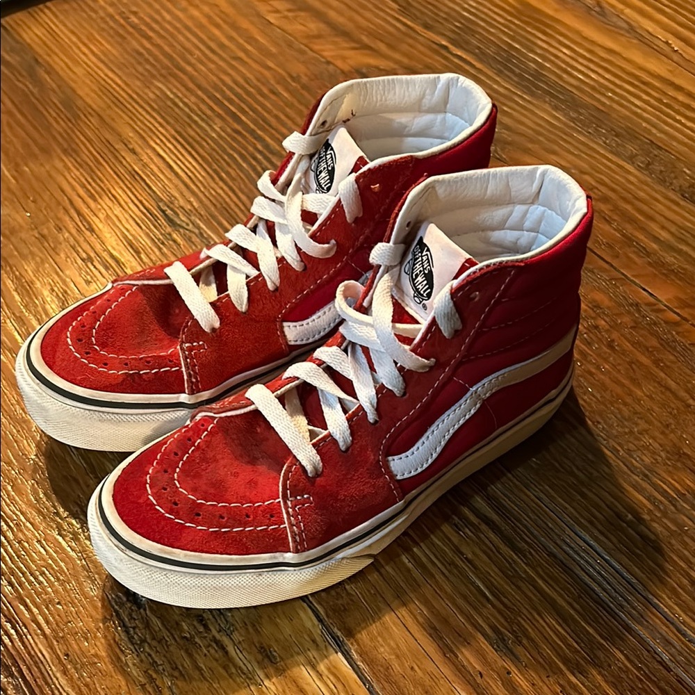 Vans Red and White High-Top Sneakers